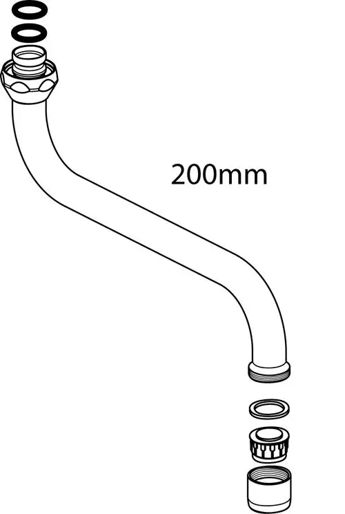 Ablaufsystem von Ideal Standard, bestehend aus einem gebogenen Rohr und verschiedenen Fittings. Auf einer Seite mit Gewindeanschluss und Dichtungsringen.